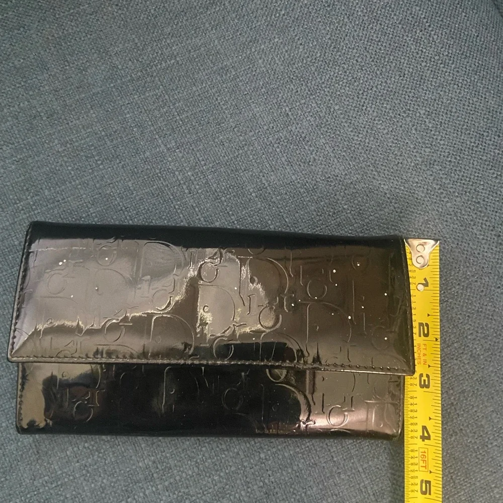 Authentic Dior Black Patent Leather Wallet Clutch with Fold-Over Design Silver